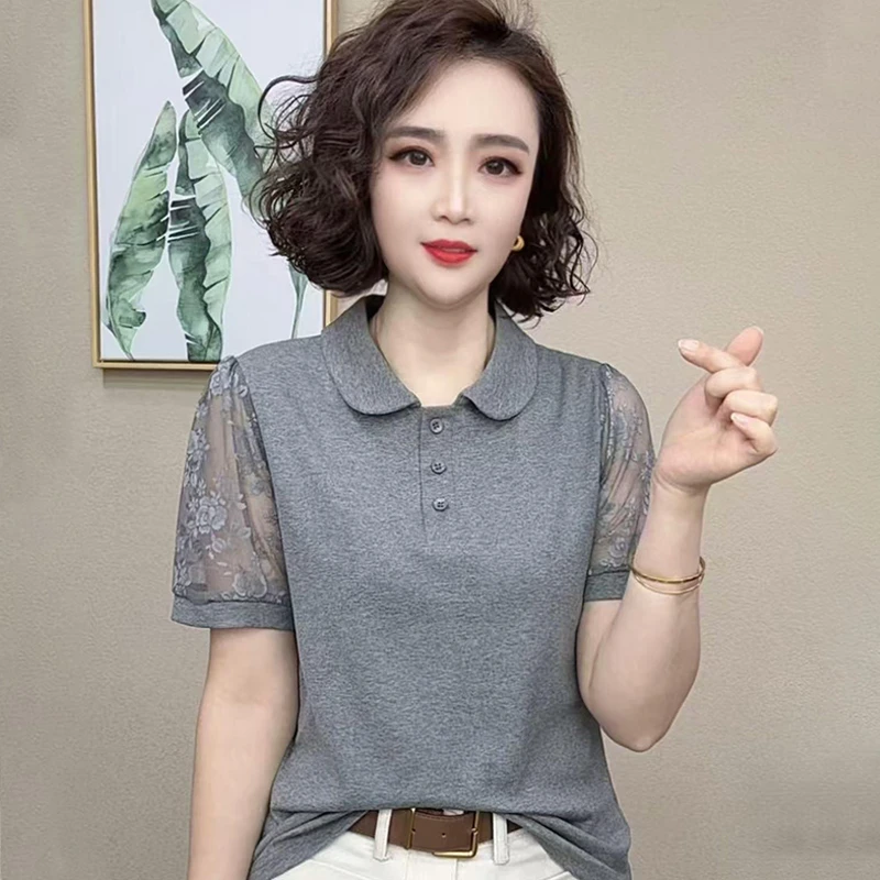 轻奢夏季洋气娃娃领蕾丝拼接短袖恤女新款妈妈纯色显瘦薄款上衣