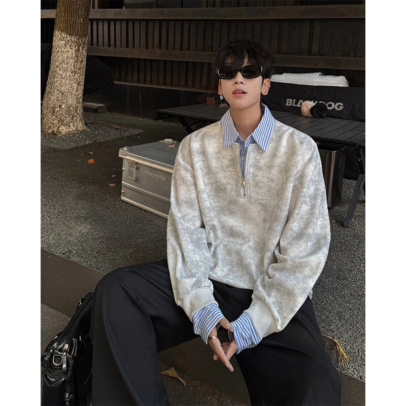 美式复古重磅外套痞帅新款扎染衬衫领假两件无帽卫衣男款长袖上衣
