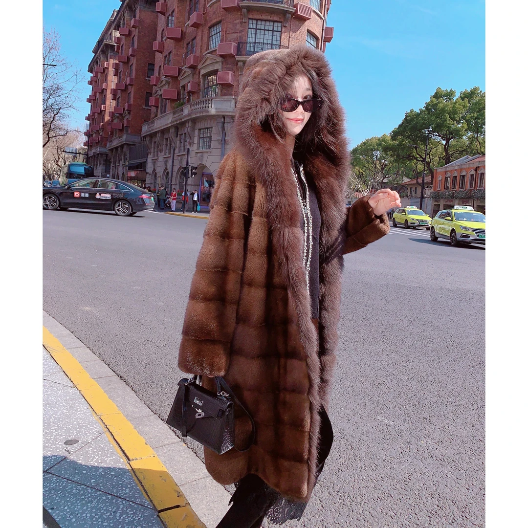 MissLuxury【中古原生貂】进口天鹅绒水貂中长款连帽复古貂皮大衣