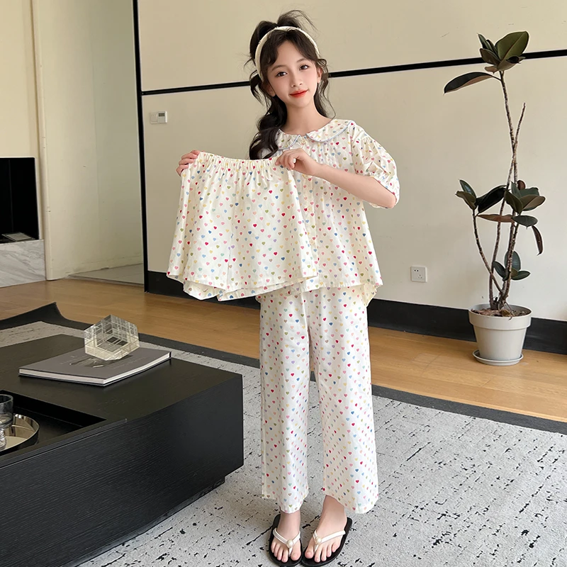 儿童短袖睡衣女童夏季新款波点棉布长裤三件套女孩甜美可爱家居服