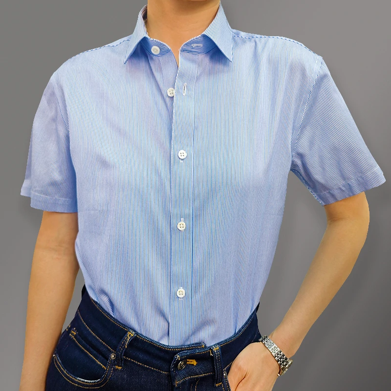H剪标（纯棉免熨烫）蓝色竖条纹商务短袖衬衫
