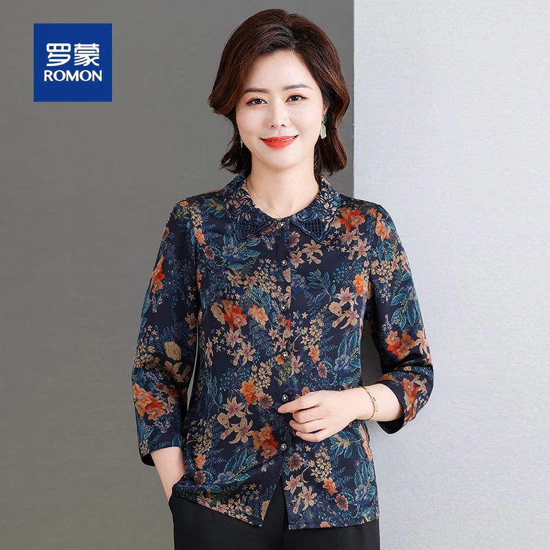 罗蒙贵夫人妈妈印花衬衫刺绣翻领高贵上衣薄款中老年七分袖衬衣女