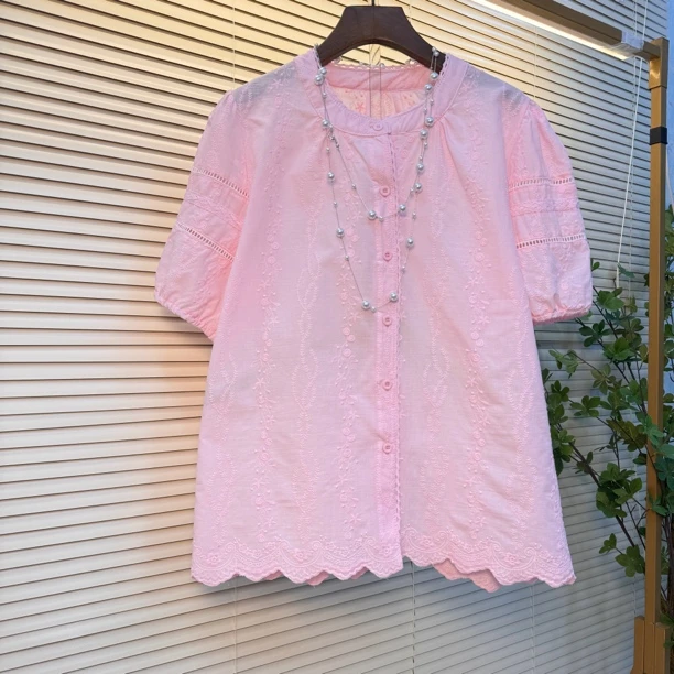 大码上衣泡泡袖休闲时尚百搭夏季宽松圆领甜美褶皱韩版