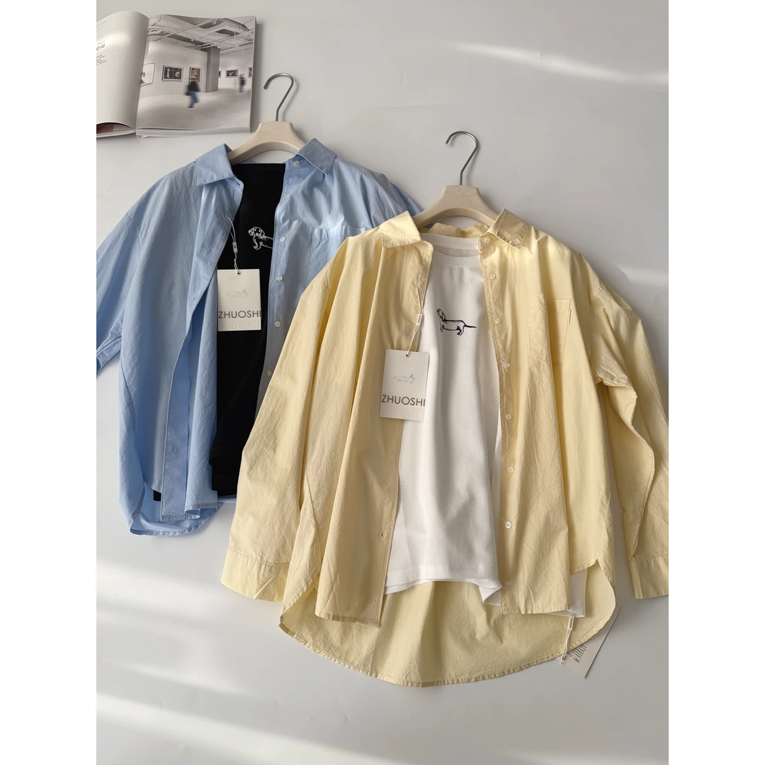 #98092大码宽松百搭休闲长袖衬衫外套 纯色高级感叠穿长袖衬衣