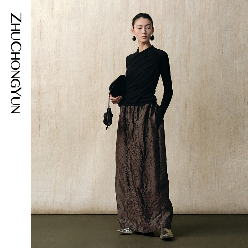 ZHUCHONGYUN2025春新款咖色桑蚕丝羊毛宽松茧型半身裙C1FZ14212