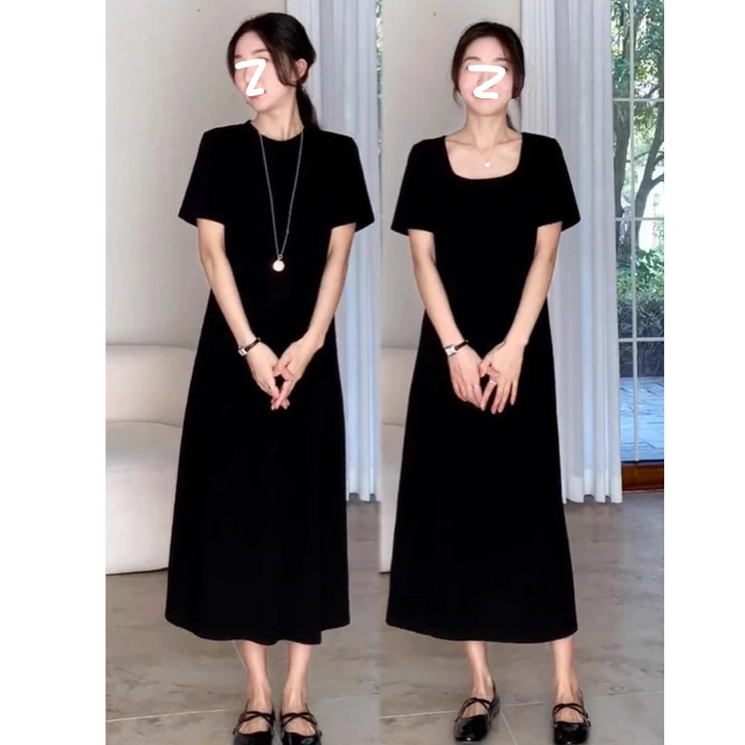 黑色休闲短袖宽松连衣裙女夏季简约长款宽松时尚纯色裙质感气质感