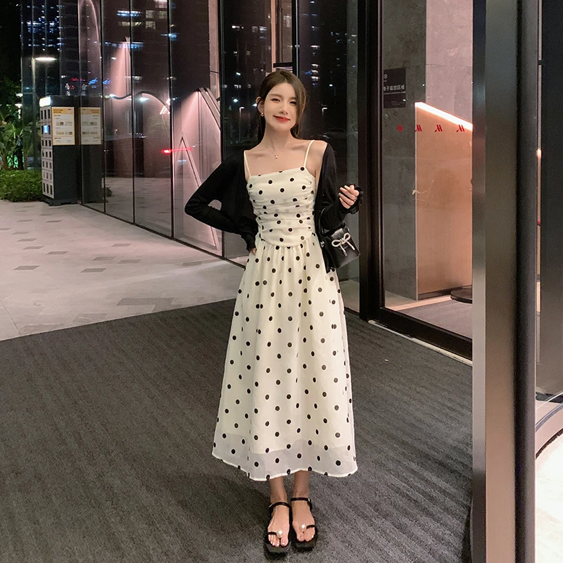 林关关 法式波点吊带连衣裙A字裙女夏季气质中长款修身显瘦92932