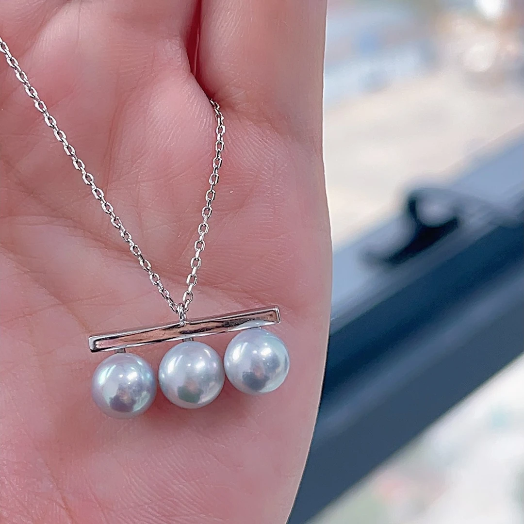 平衡木款真多麻灰色海水珍珠吊坠简约时尚套链项链925银镶嵌Akoya