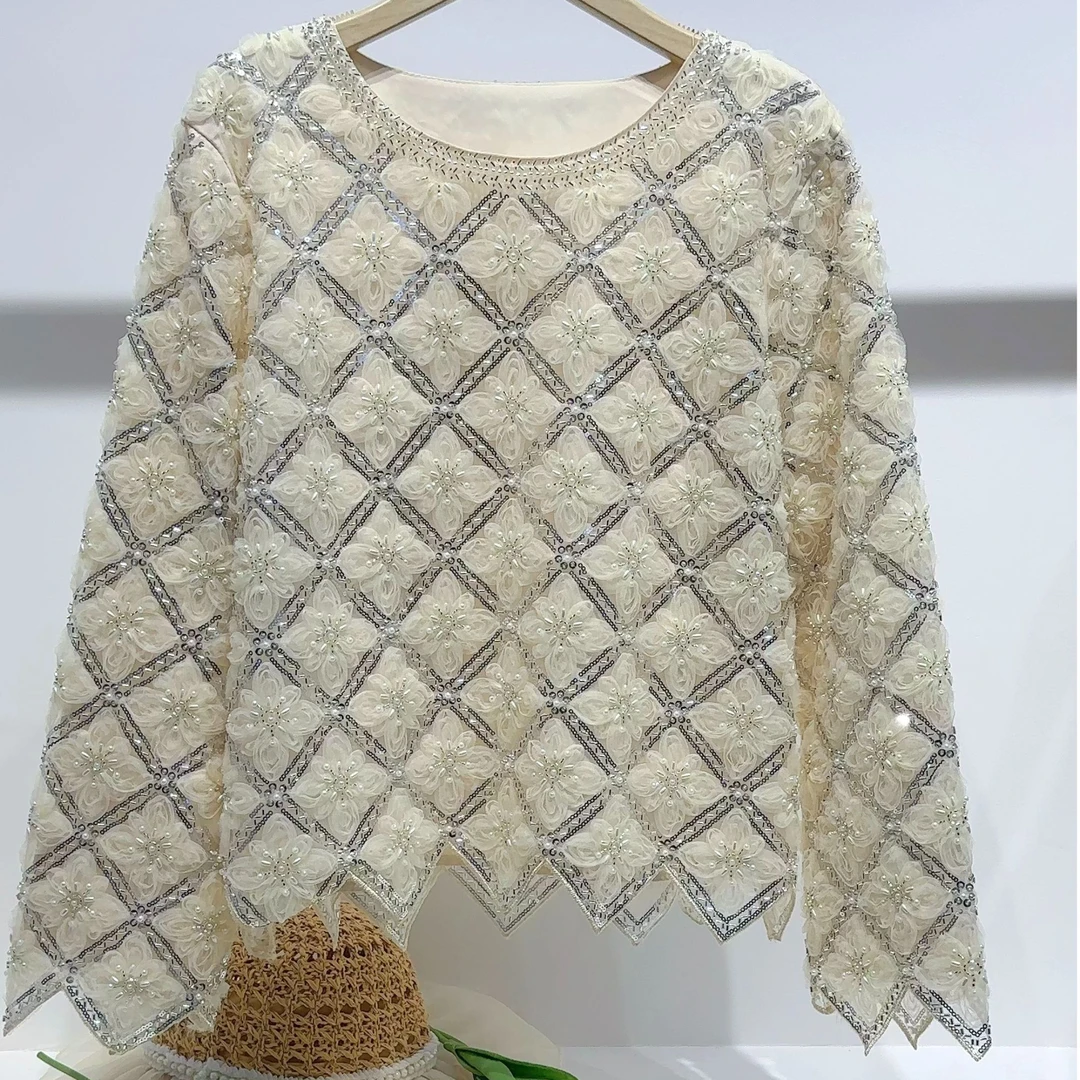 LZY法式压花薄款刺绣时尚风潮牌女装重工钉珠小香风休闲上衣