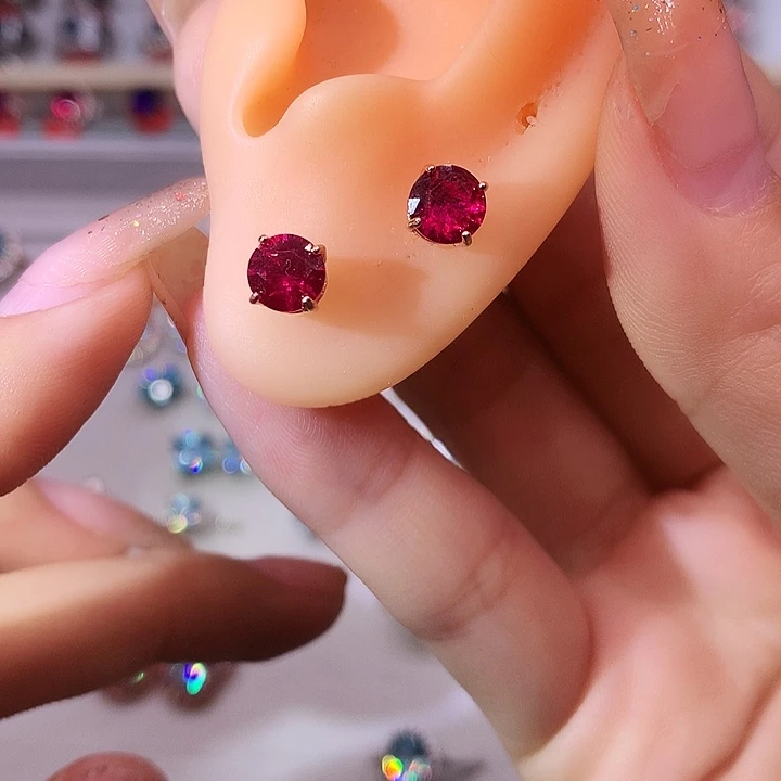 红宝石耳饰银S925镶嵌