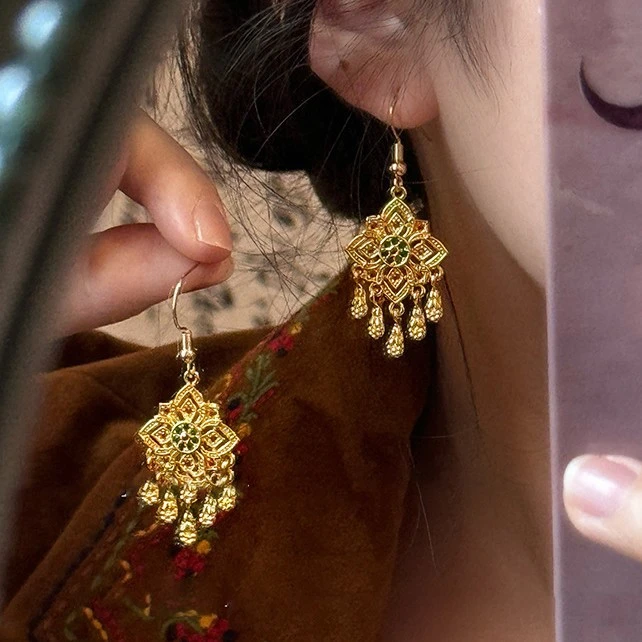 合金耳饰 新中式镶钻菱形花朵流苏耳环时尚气质耳钉女民族风耳饰