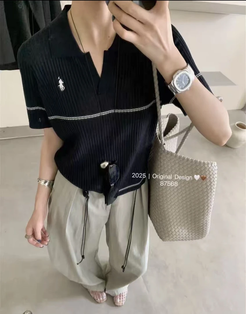 胖MM夏季韩系POLO翻领小马刺绣条纹简约高级套头针织衫女#2526（2）