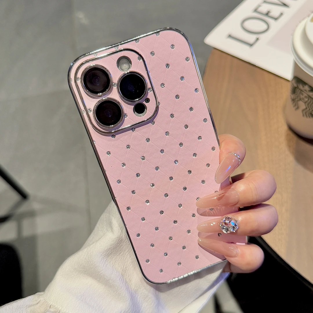 高级点钻皮质适用苹果16promax手机壳轻奢iPhone15全包14防摔13女