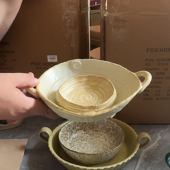 搪瓷粗陶异形双耳碗，味碟