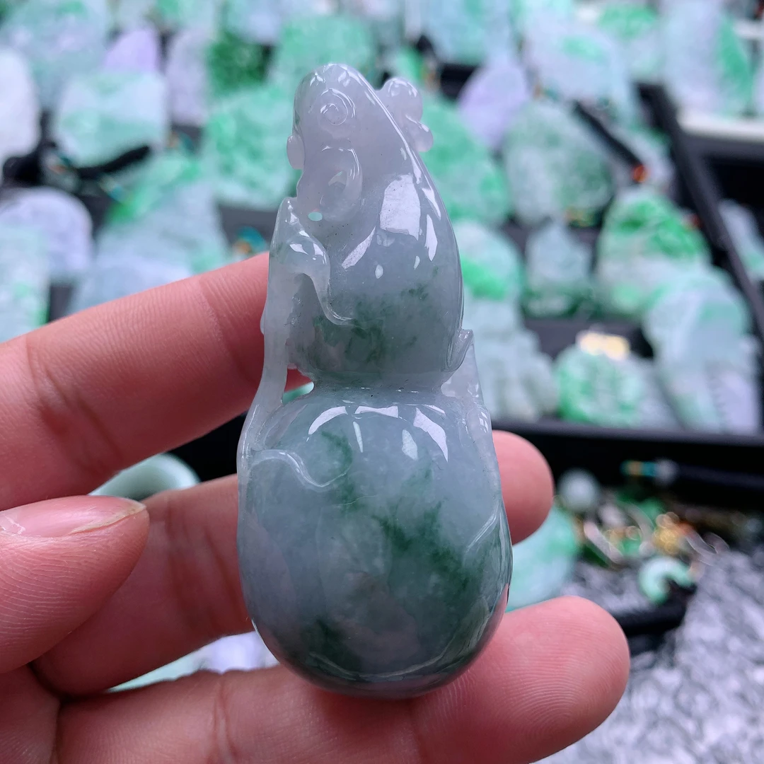 天然A货翡翠飘花葫芦吊坠挂件71.3-30.2-31