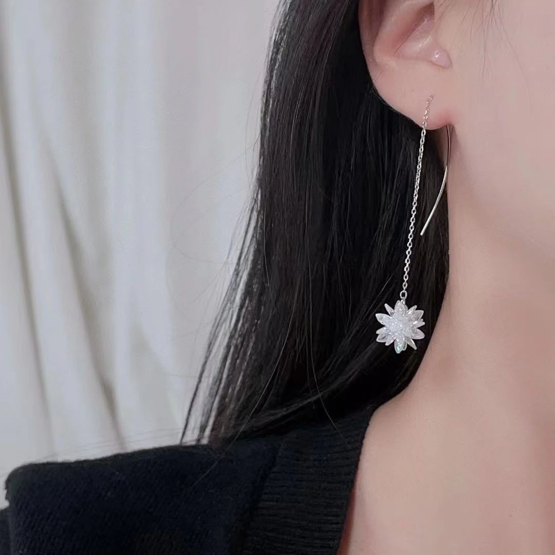 925银耳饰 925银小众冰花耳饰长款流苏气质甜美锆石韩版耳环女款