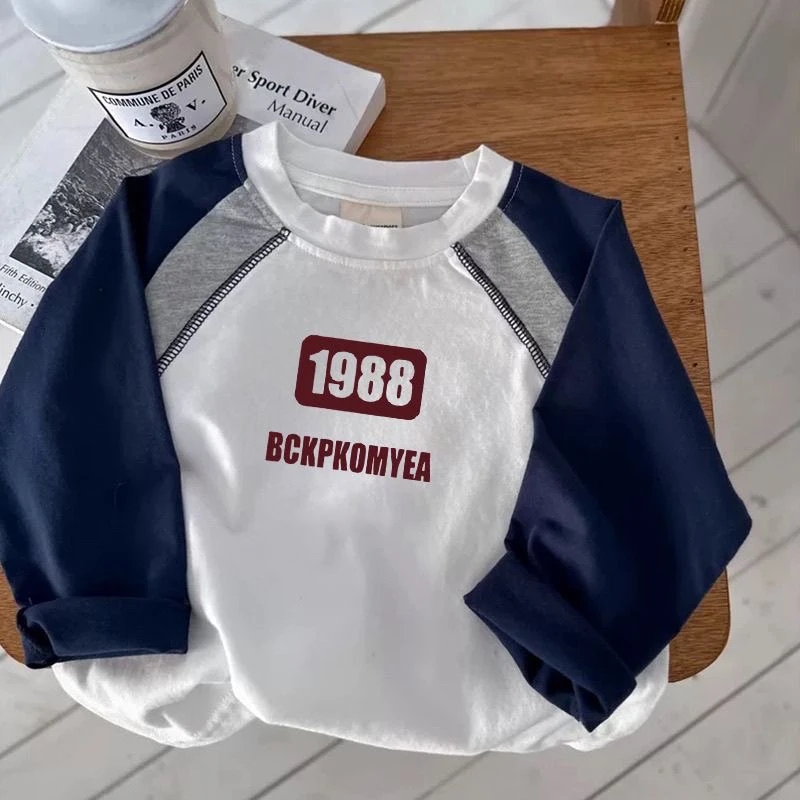 2025纯棉春秋季新款长袖拼色插肩袖卡通帅气宽松休闲字母上衣打底