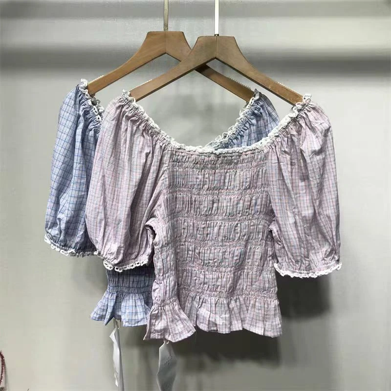 夏装新款花边方领泡泡袖松紧打褶小个子短格子上衣H351