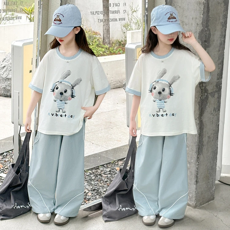 女童夏季休闲套装2025新款大童女孩宽松洋气T恤阔腿裤韩版两件套