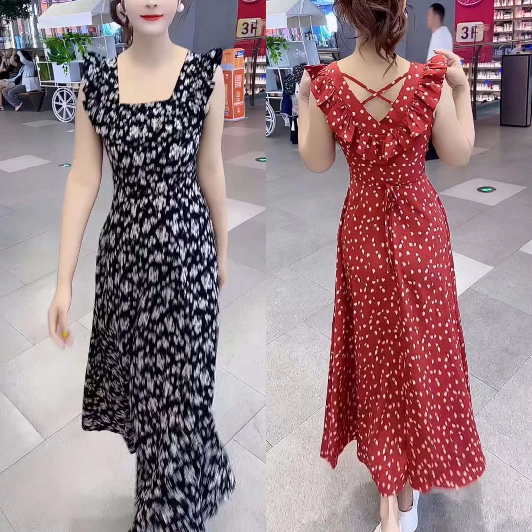 夏季收腰碎花中长款法式时尚韩版连衣裙