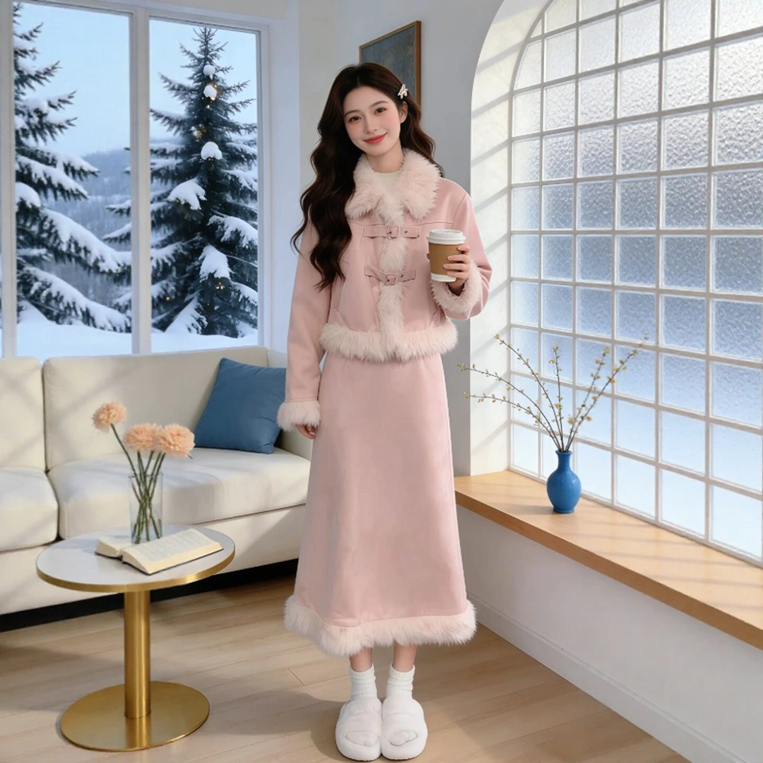 大方得体穿搭一整套温柔风高级感短外套半身裙两件套装裙2026冬季