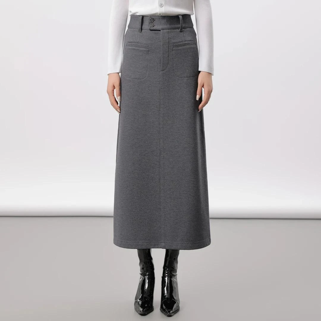 哥弟秋冬高腰千金风保暖半裙中长裙简约显瘦A女开叉半身裙1200369