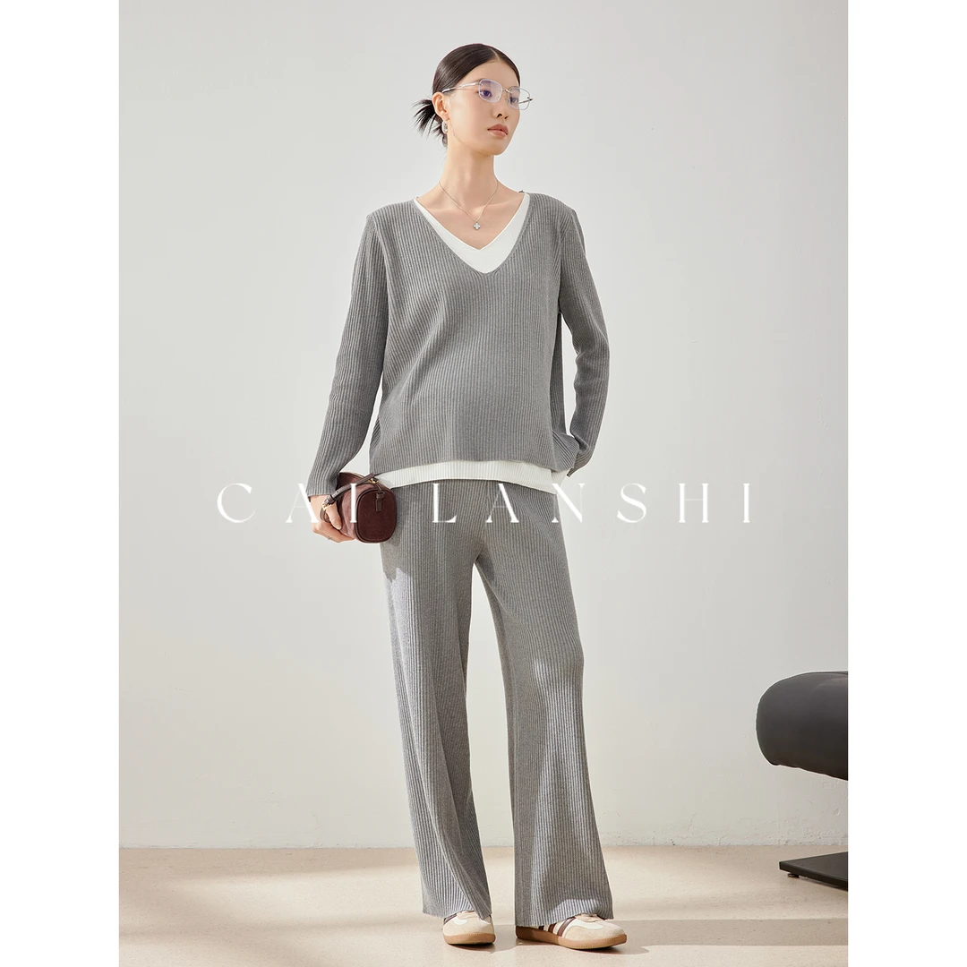 彩蓝诗孕妇春秋2025款时尚外穿撞色v领针织上衣阔腿裤套装50746