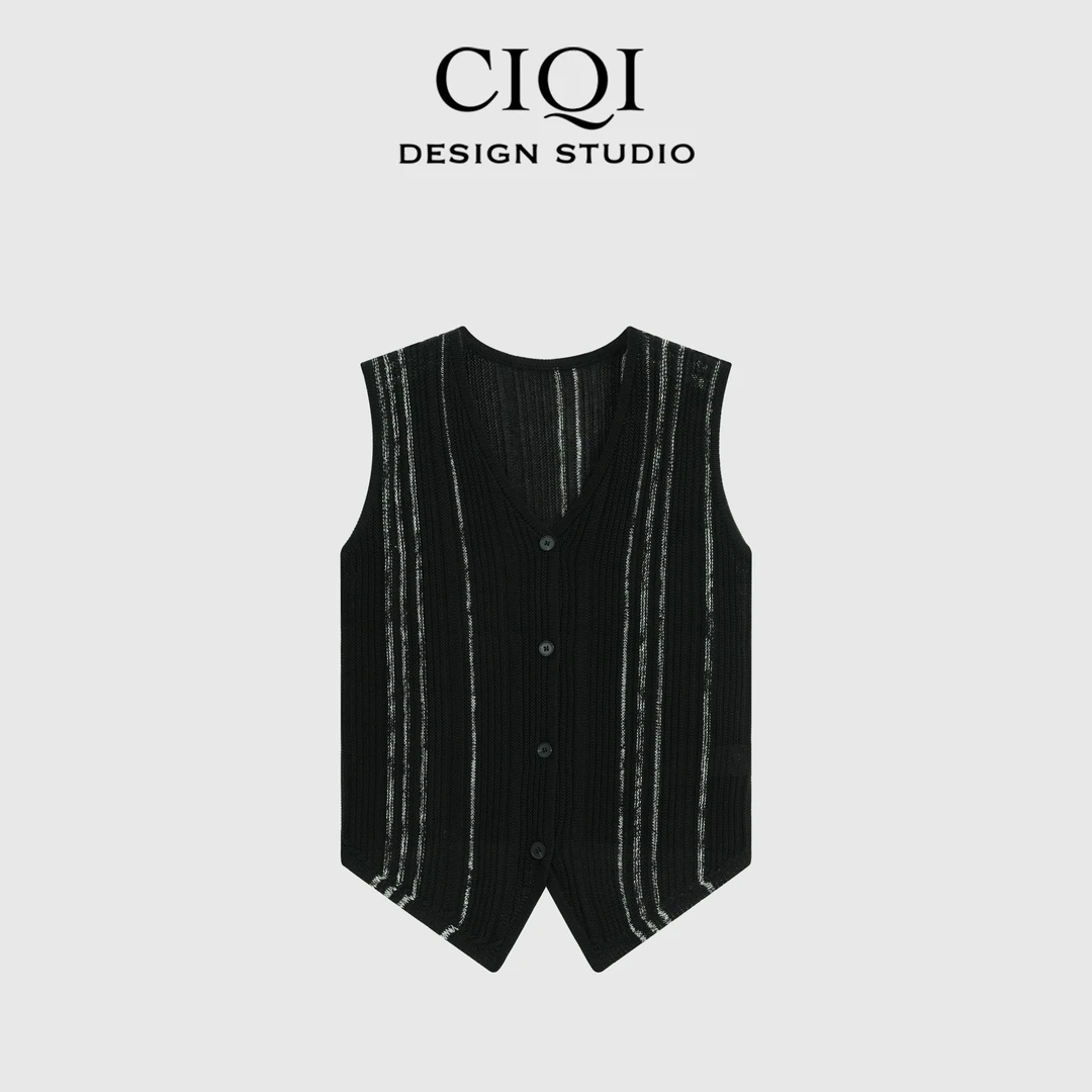 CIQI STUDIO 夏季天丝亚麻V领复古修身针织无袖马甲针织衫DY952