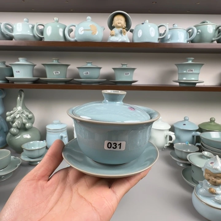 瓷片汝瓷三才元宝盖碗支钉烧天青釉微瑕031