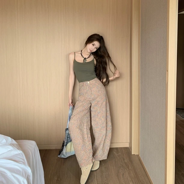 134-NO退NO换【弯刀香蕉裤】日系复古彩色格纹慵懒宽松百搭休闲裤