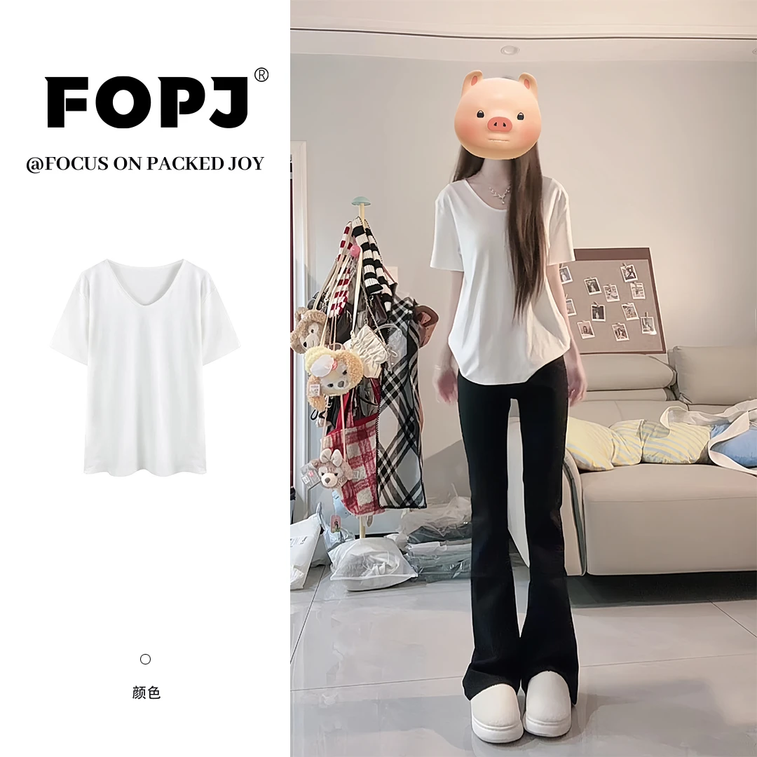 FOPJ夏季新款重磅精梳棉U领纯色短袖t恤女宽松休闲设计感ins上衣