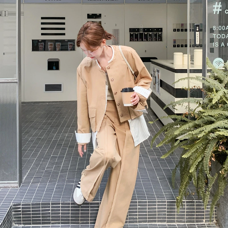 韩系设计感假两件上衣阔腿裤2025春秋新款小众ins风简约通勤套装