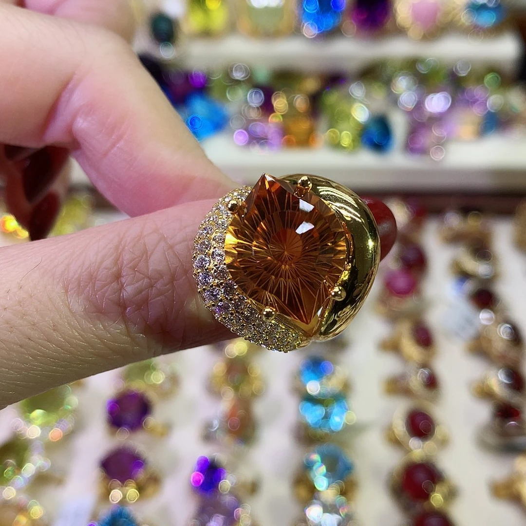 黄晶戒指银S925镀金镶嵌