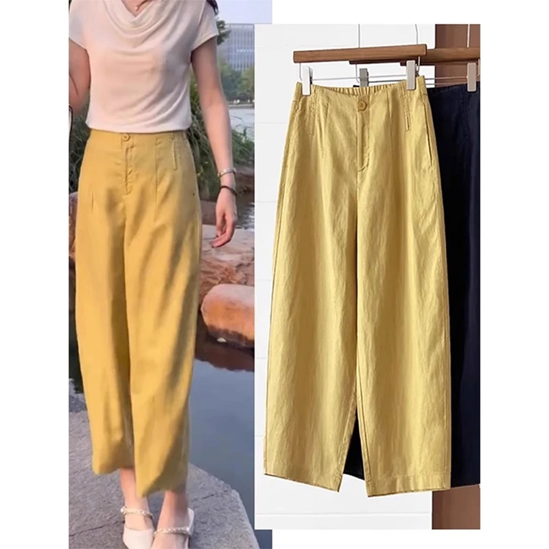 天丝亚麻直筒休闲裤女2025夏季薄款胖mm大码高腰显瘦九分阔腿裤子