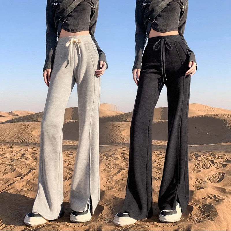 2025春新款微喇运动裤新款休闲大码宽松马蹄喇叭卫裤开叉窄版长裤