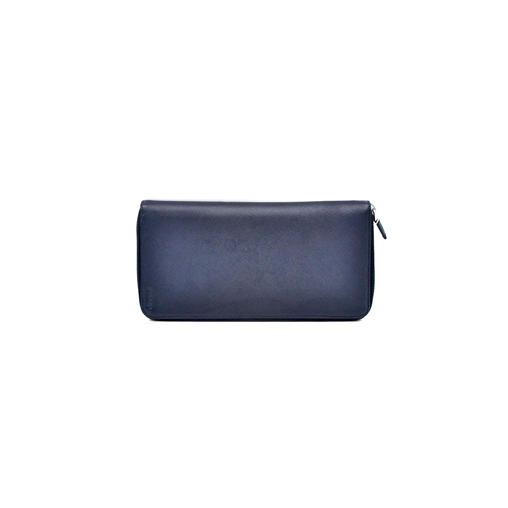 95新 Prada/普拉达 98新海军蓝十字纹长款拉链钱包12*23/86600