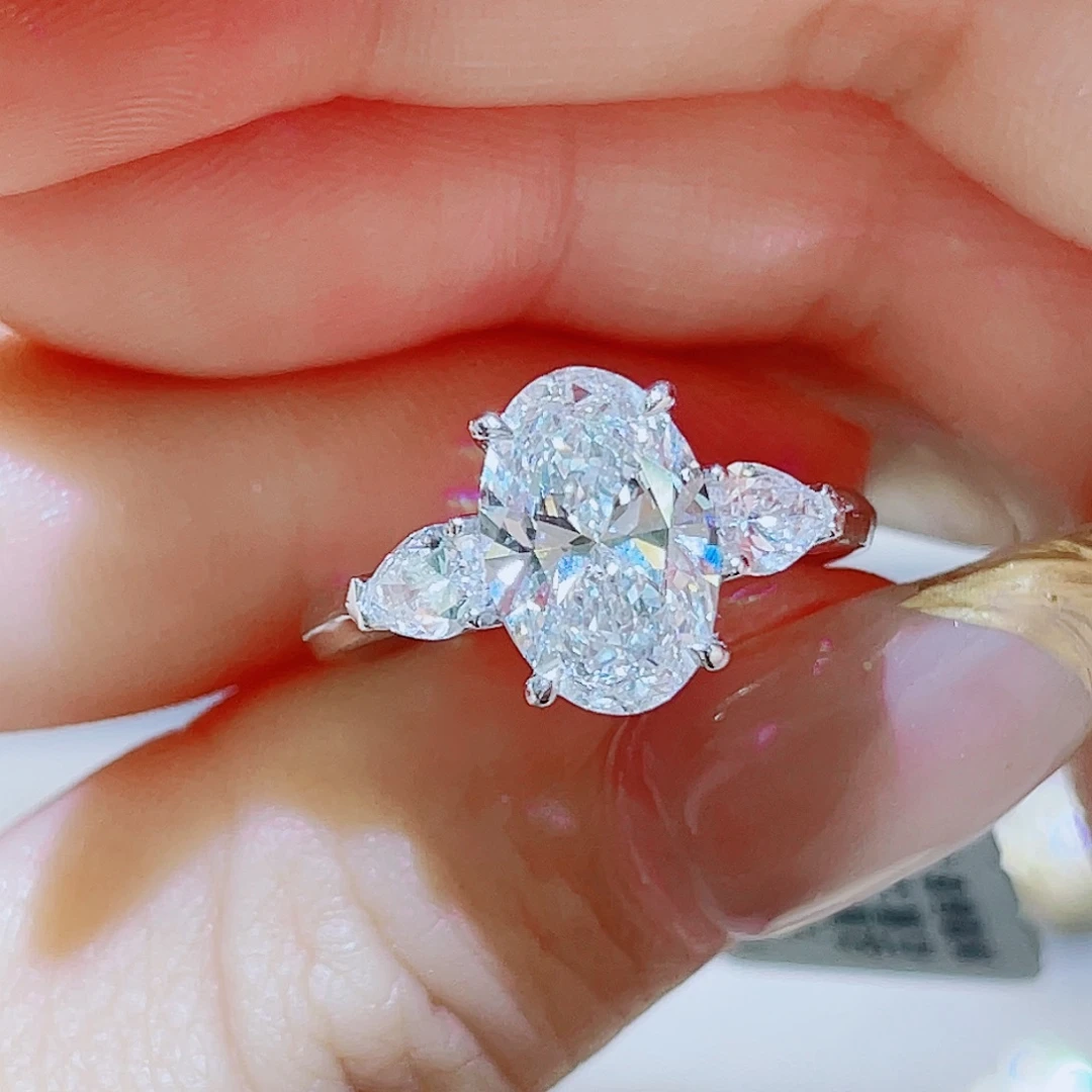 实验室培育钻石铂Pt950镶嵌2ct 鸽子蛋三石戒指13号