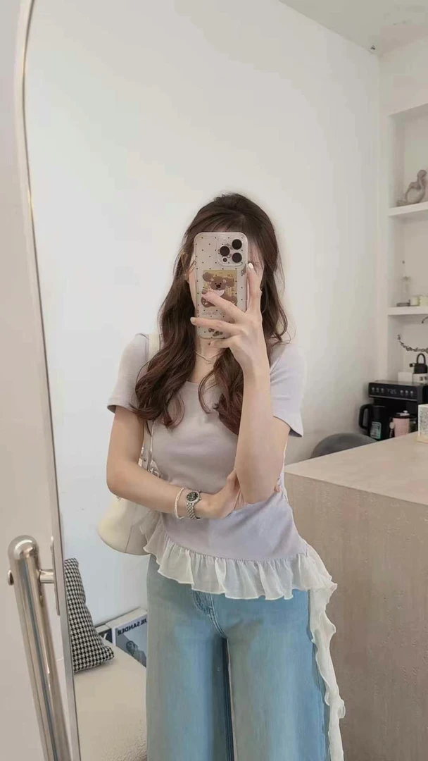 ouran 自留款G1316百搭显瘦拼接蕾丝不规则设计感T恤