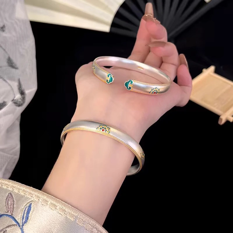 足银手镯 足银999.9珐琅彩描金宝相花开口手镯M01