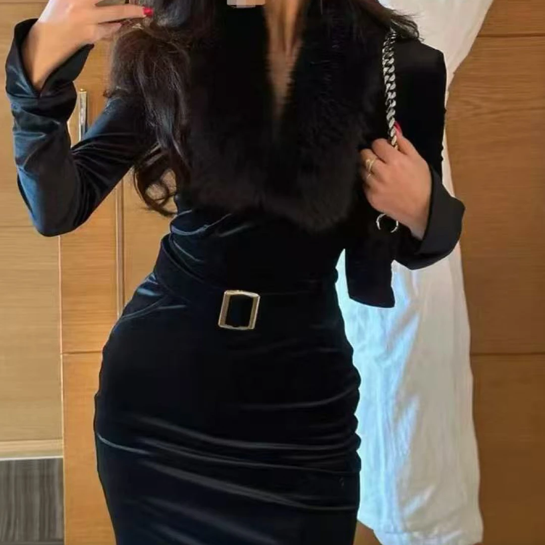 大码纯欲辣妹可拆卸毛领拼接丝绒女修身显瘦连衣裙 8015/8016