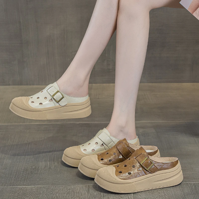 真皮包头拖鞋女2025夏季新款外穿软底洞洞凉拖鞋41一43大码女拖鞋