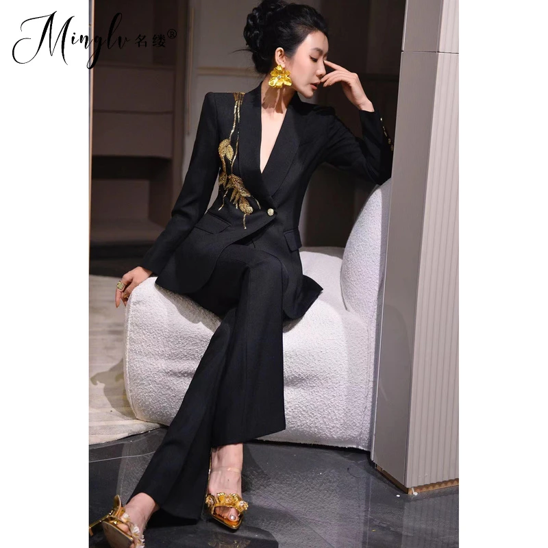 名缕品牌职业套装鎏金枫叶重工亮片西装裤子强大气场两件套