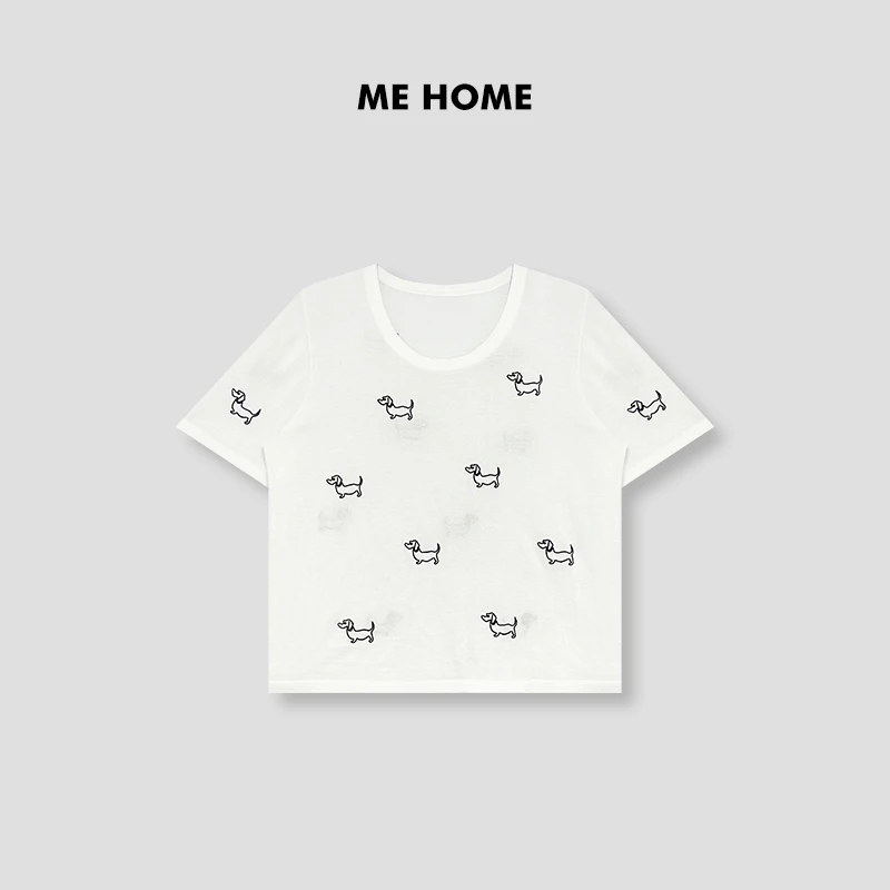 ME【刺绣小狗T】白色2025春季新款时尚百搭透气通勤针织衫MEQS1272