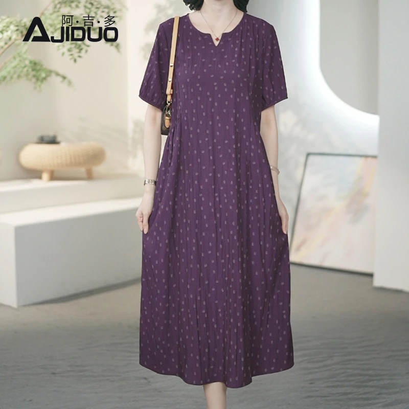 A32291阿吉多紫红色短袖波点连衣裙女夏季新款优雅高级阔太太裙子