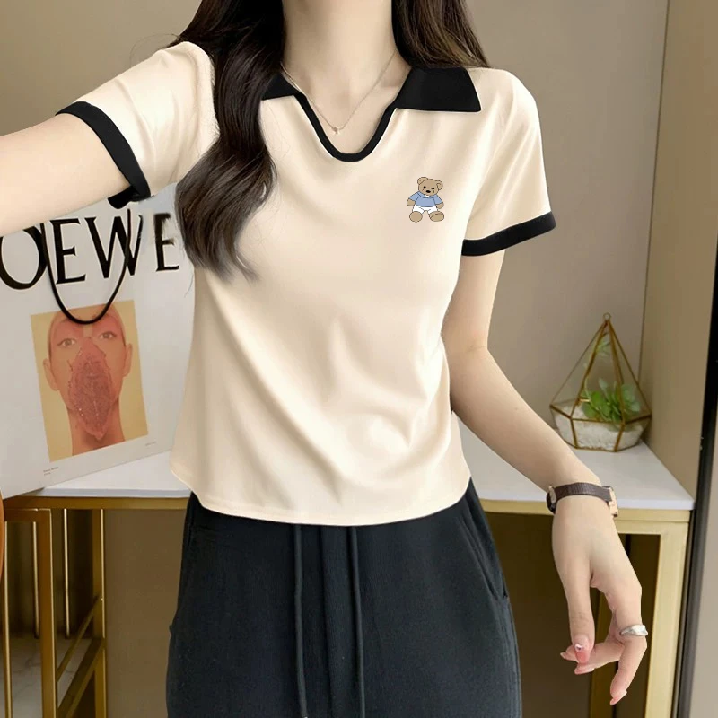 大码胖mm翻领撞色短袖T恤女士夏季纯欲风辣妹修身显瘦设计感上衣