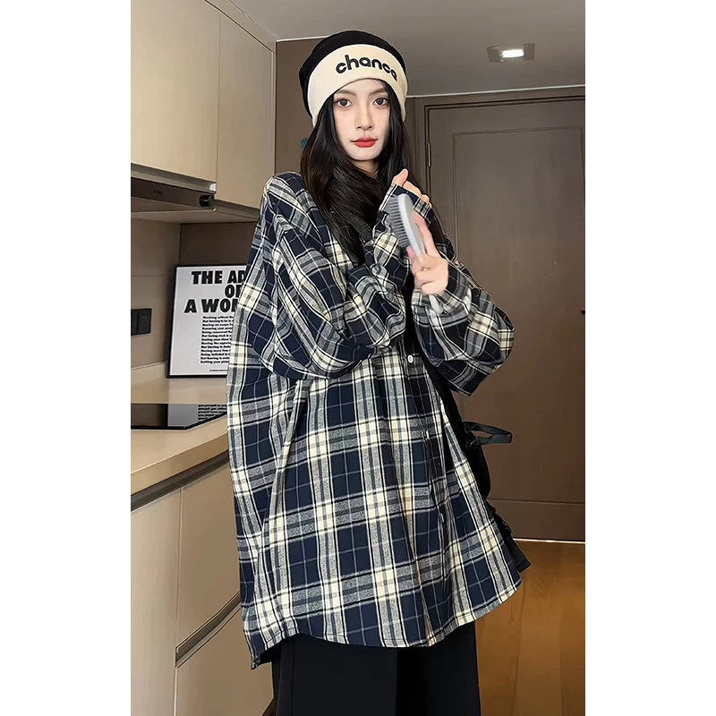 藏青色格子衬衫男2025年秋季新款美式复古格纹衬衣高级感痞帅外套