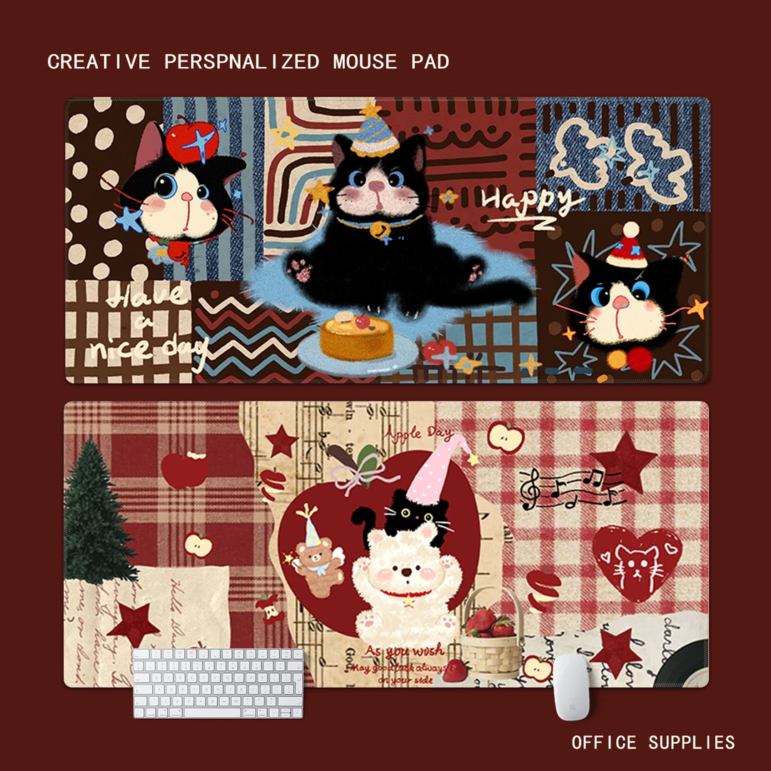 复古小黑猫鼠标垫超大女生高颜值电脑键盘垫办公室工位桌面垫定制