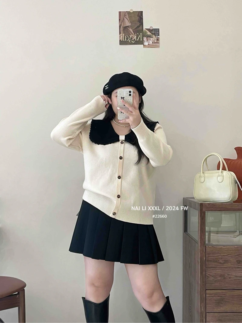 22660大码小香风拼色蝴蝶结娃娃领长袖针织秋冬微胖宽松显瘦毛衣