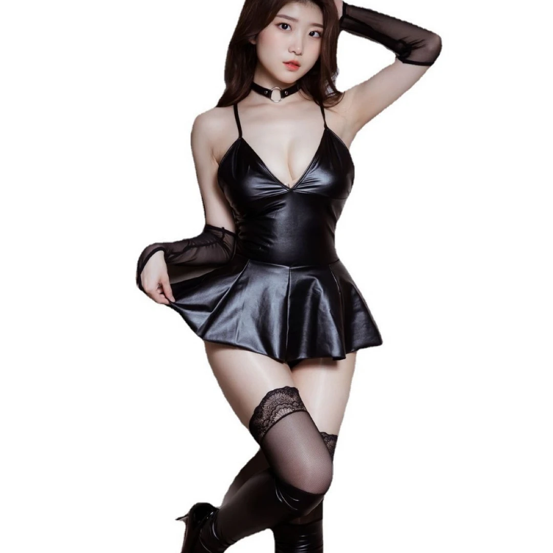 露背PU皮性感蓬蓬迷你吊带短裙夜店辣妹装