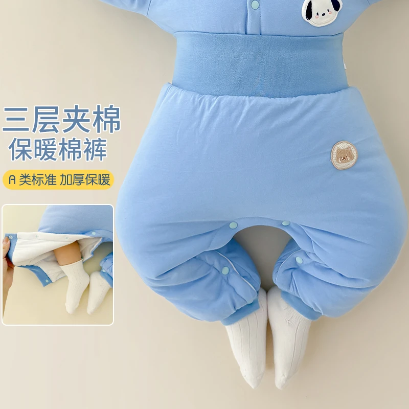 婴儿裤子秋冬季加厚按扣免脱换尿布宝宝夹棉高腰护肚大pp裤屁屁裤